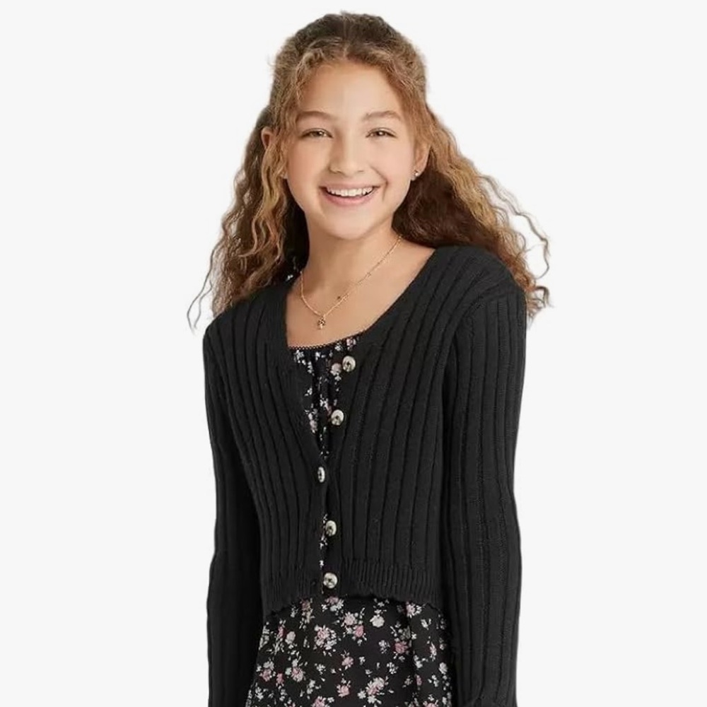 Art Class Black Ribbed Button-Up Cropped Cardigan #1088